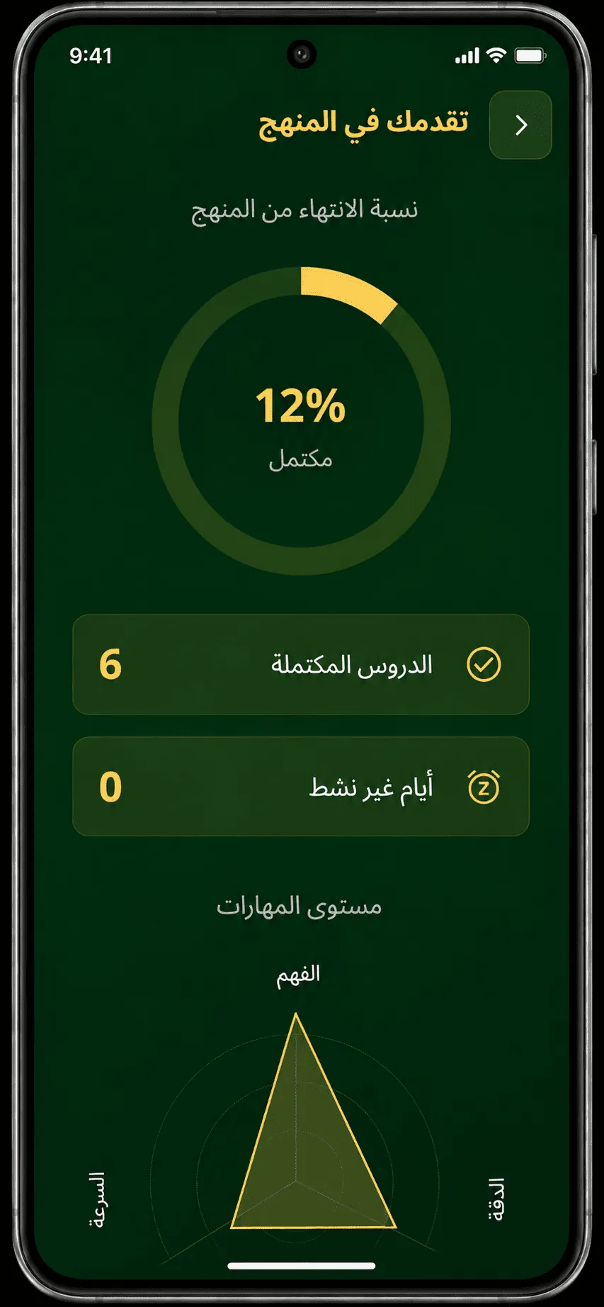 شاشة تقدمك في المنهج داخل التطبيق: نسبة الانتهاء والدروس المكتملة ومستوى المهارات